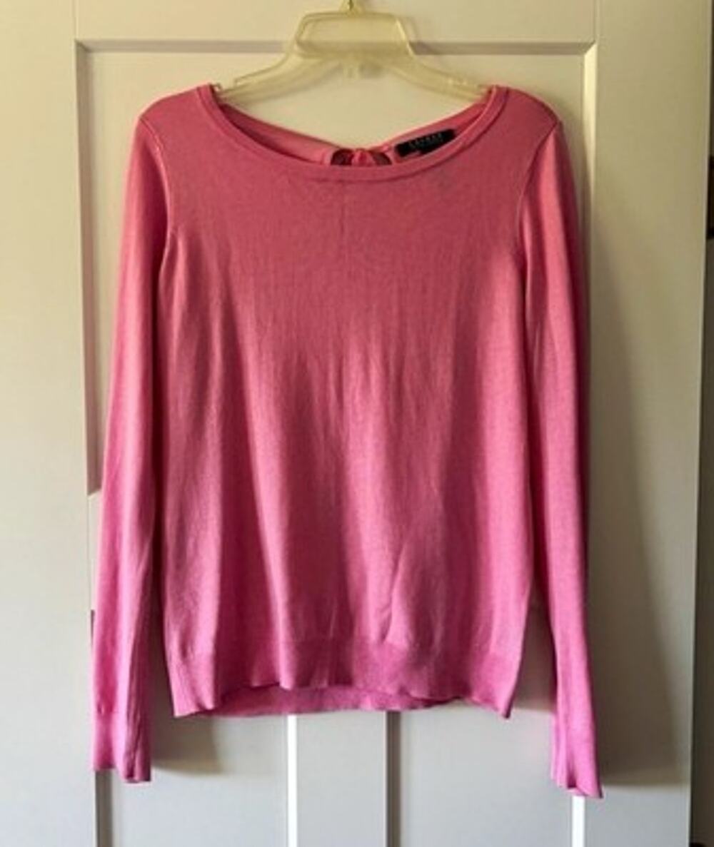 Lauren Ralph Lauren Pink Knit Tie Back Sweater Round Neck Pullover Women’s L